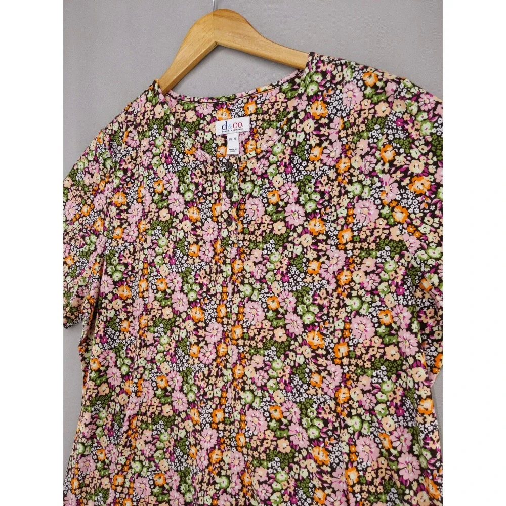 Denim & Co Henley Top Women XL Multi Floral Short Sleeve Knit Button Front